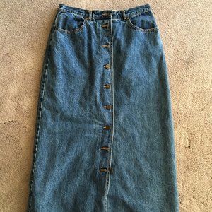 Vintage Eddie Bauer long button-up denim skirt with plaid fleece lining